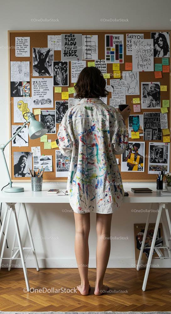 Creative Woman in Colorful Shirt Brainstorming in Home Office