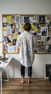 Artist Contemplating Bulletin Board in Creative Studio