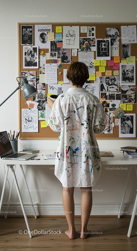 Burza mózgów artysty w domowym biurze z tablicą inspiracji