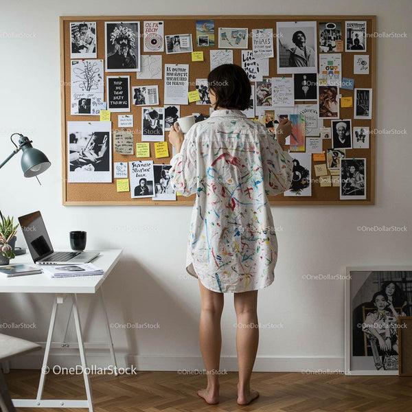 Creative Woman in Artistic Shirt at Home Office Inspiration Board