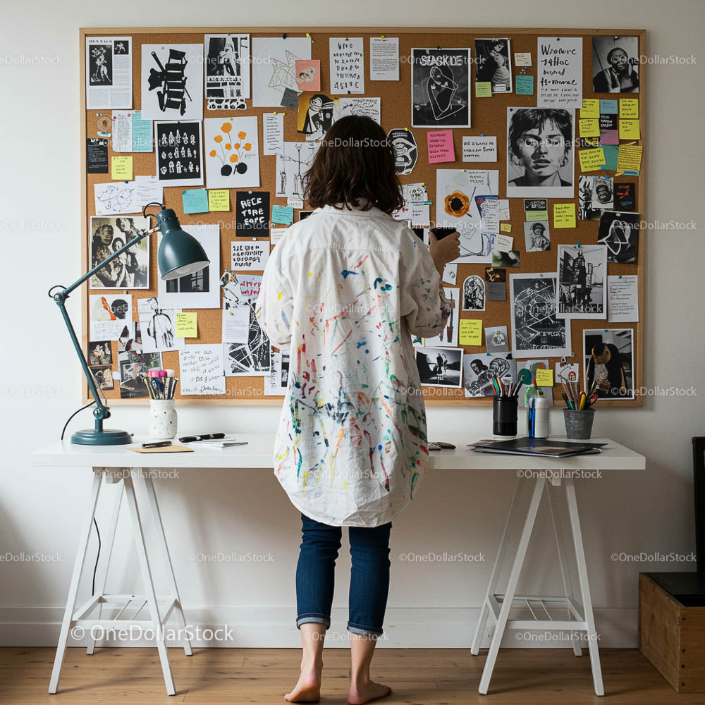 Artysta tworzący w domowym studiu z inspirującą tablicą inspiracji