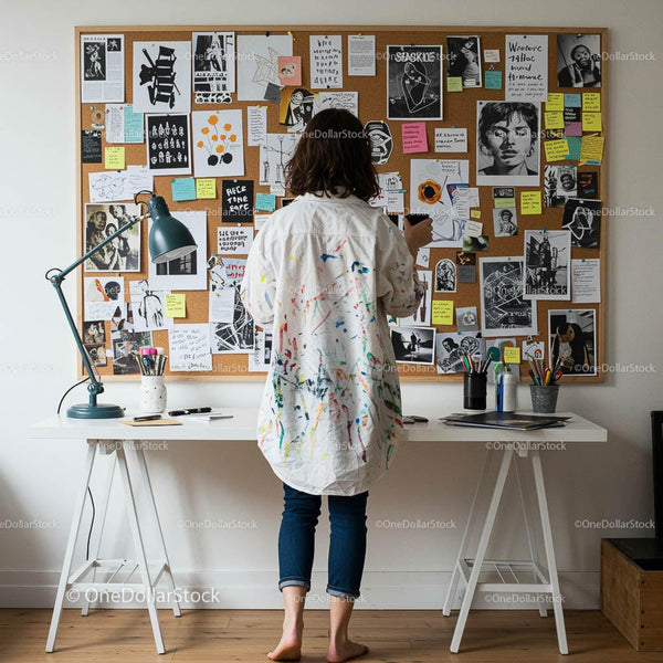 Artysta Tworzący w Domowym Studio z Inspirującą Tablicą Nastrojów