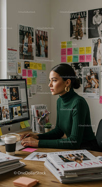 Fashion Designer Editing Magazine in Creative Workspace