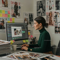 Fashion Designer Editing Photos on Computer in Modern Office