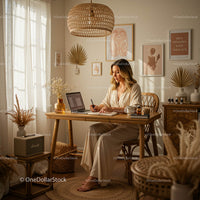 Woman Working in Sunlit Bohemian Style Home Office