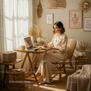 Woman Working in Stylish Minimalist Home Office