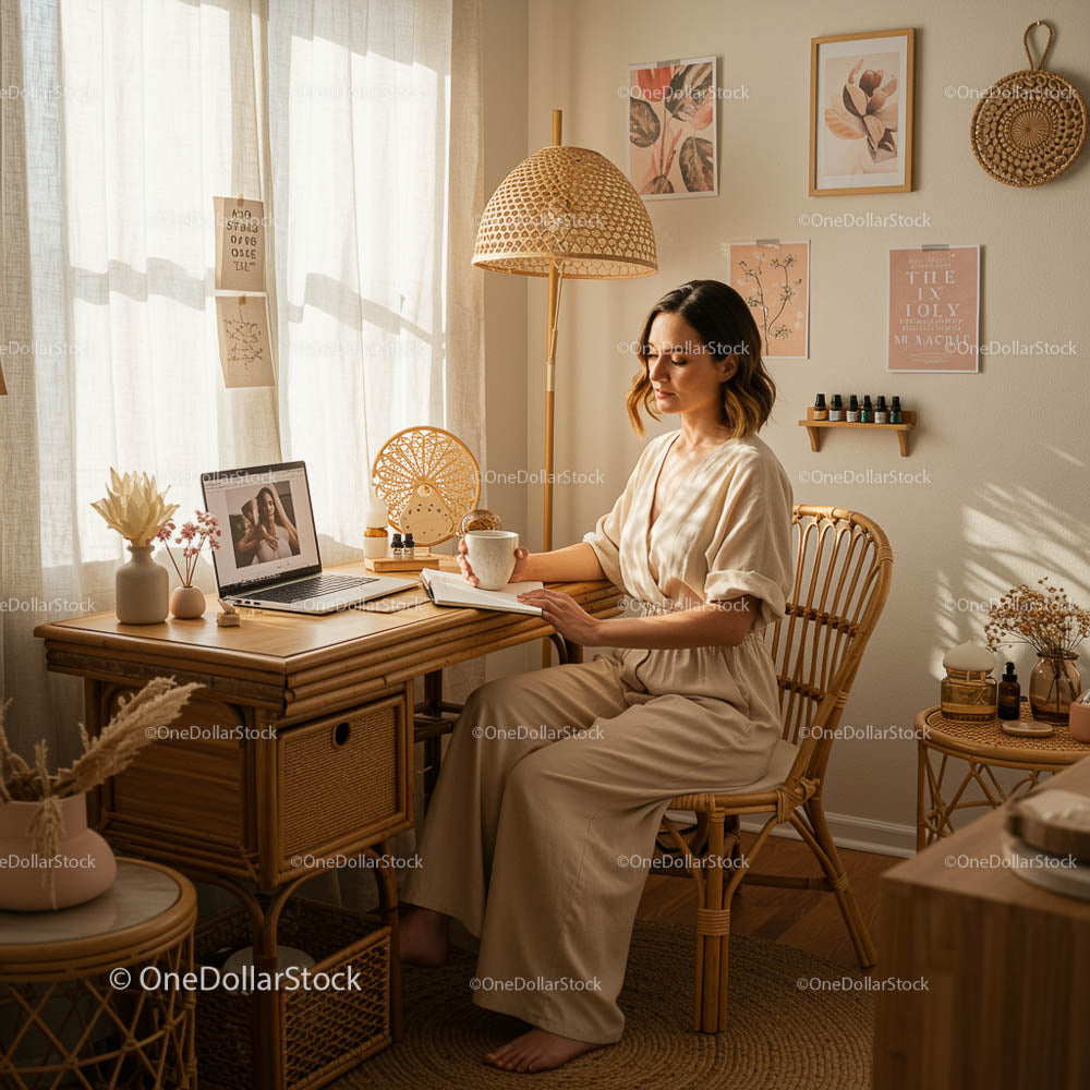 Kobieta ciesząca się spokojem w przytulnym boho domowym biurze
