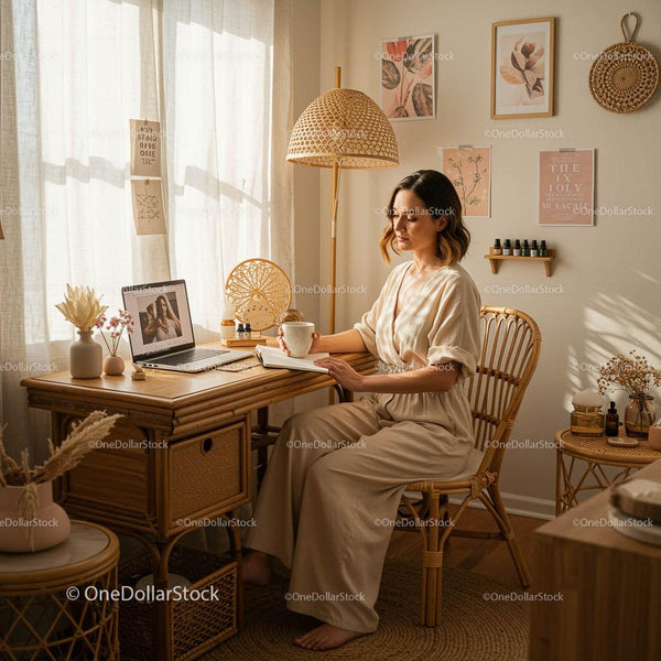 Kobieta ciesząca się spokojem w przytulnym biurze w stylu boho
