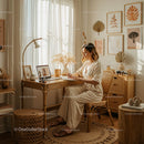 Woman Writing in Cozy, Sunlit Home Office with Boho Style
