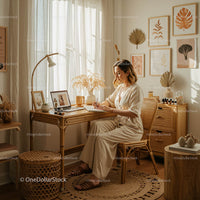 Woman Writing in Cozy, Sunlit Home Office with Boho Style