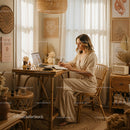 Woman Working in Cozy Bohemian Home Office