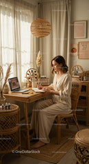 Woman Working in a Cozy Home Office with Bohemian Decor