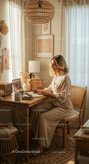 Woman Working in a Cozy Boho Home Office with Natural Light