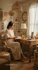 Woman Writing Notes in Cozy Boho Style Home Office