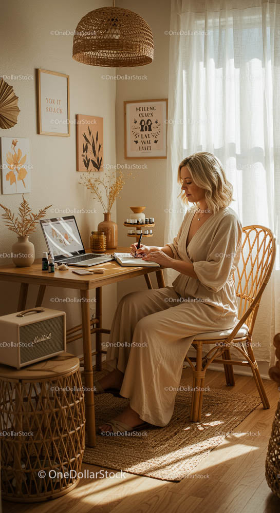 Kobieta w przytulnym, boho domowym biurze z naturalnym światłem