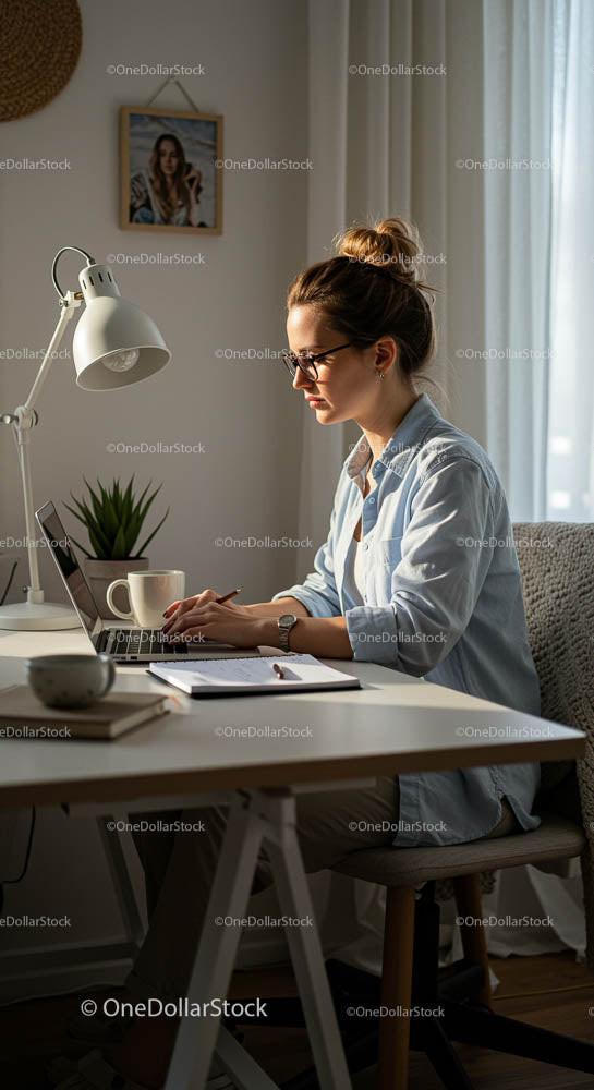 Kobieta pracująca na laptopie w przytulnym domowym biurze