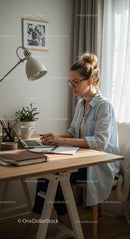 Woman Working Remotely in Cozy Home Office Environment