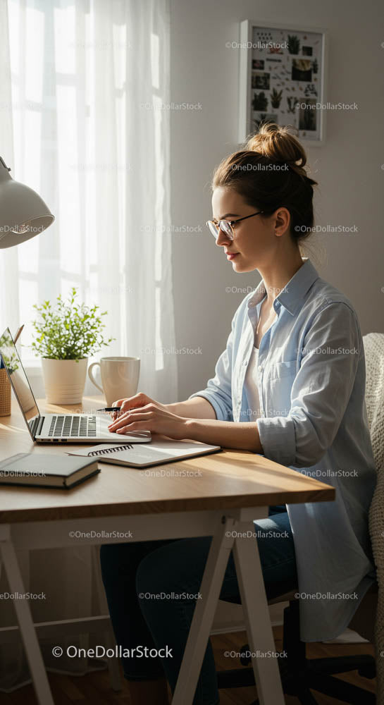 Młoda kobieta pracująca na laptopie w jasnym domowym biurze