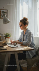 Woman Working in a Sunlit Home Office with Modern Decor