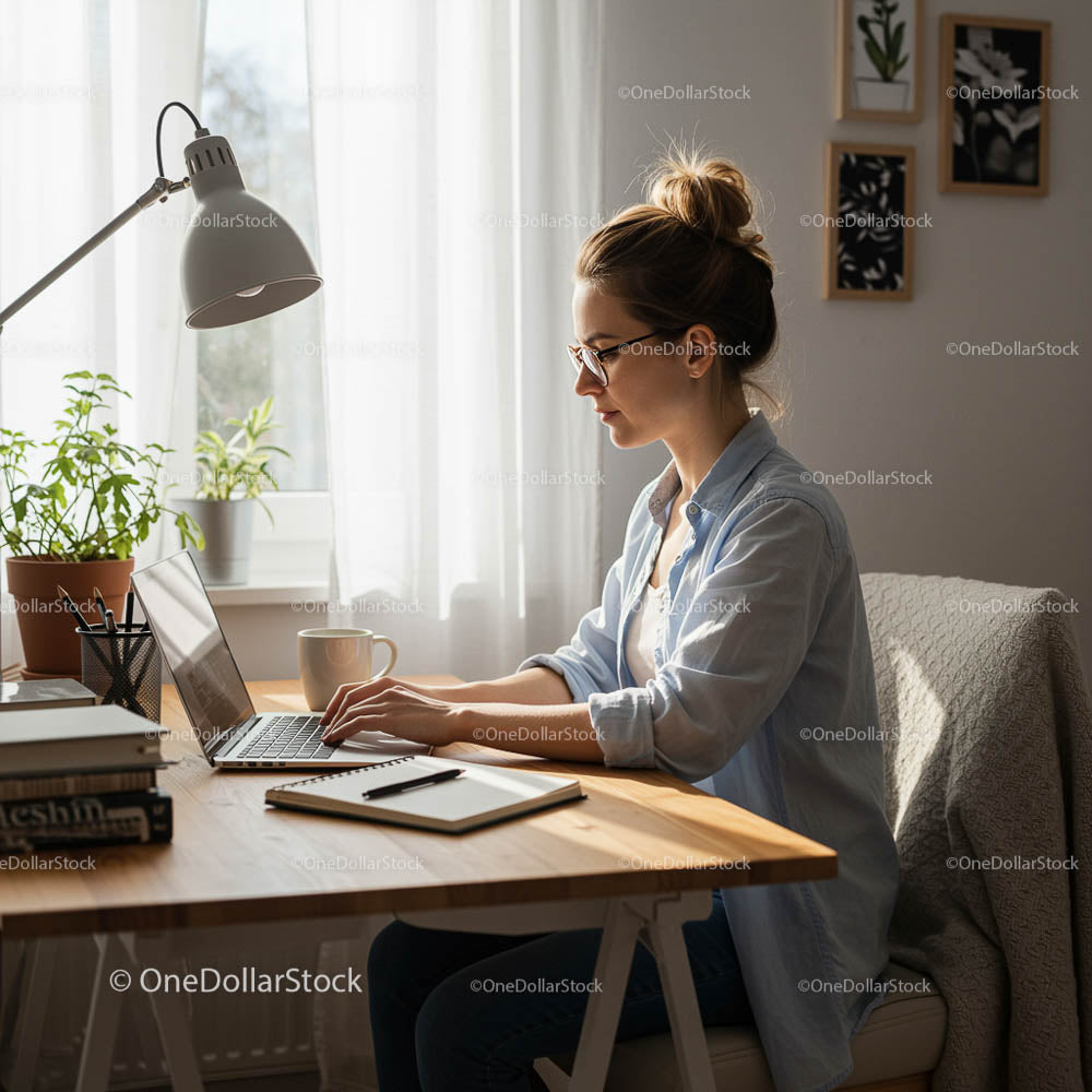 Kobieta pracująca na laptopie w słonecznym domowym biurze