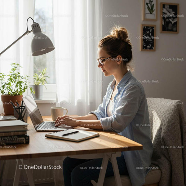 Kobieta Pracująca na Laptopie w Słonecznym Domowym Biurze