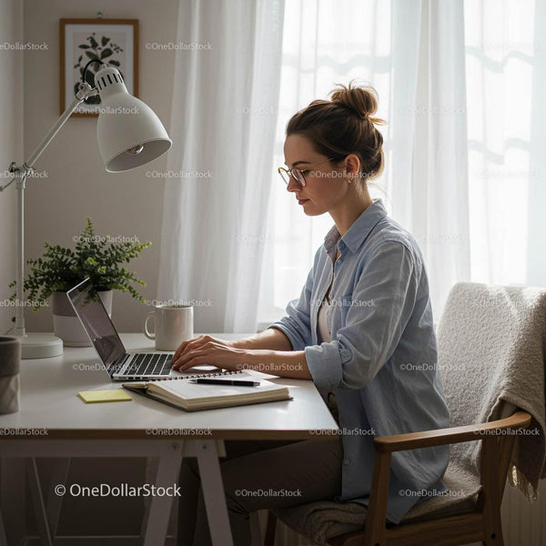 Skupiona kobieta pracująca na laptopie w domowym biurze