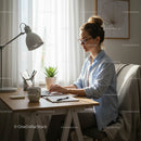 Focused Woman Working on Laptop in Sunlit Home Office