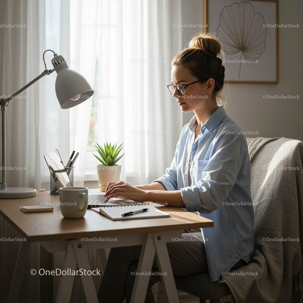 Skoncentrowana kobieta pracująca na laptopie w oświetlonym słońcem domowym biurze