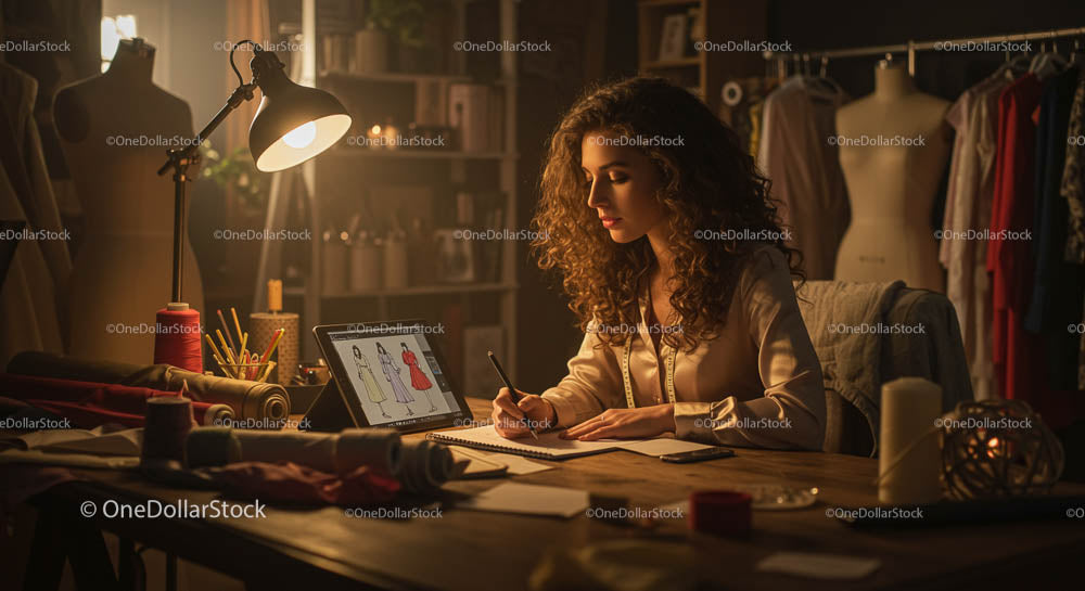 Projektant mody pracujący w przytulnym wieczornym miejscu pracy