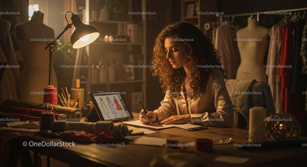 Projektant mody pracujący w przytulnym wieczornym miejscu pracy