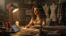 Fashion Designer Crafting Patterns in Cozy Studio