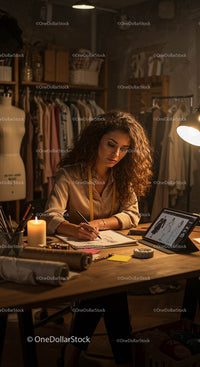Fashion Designer Sketching in Her Cozy Studio by Candlelight