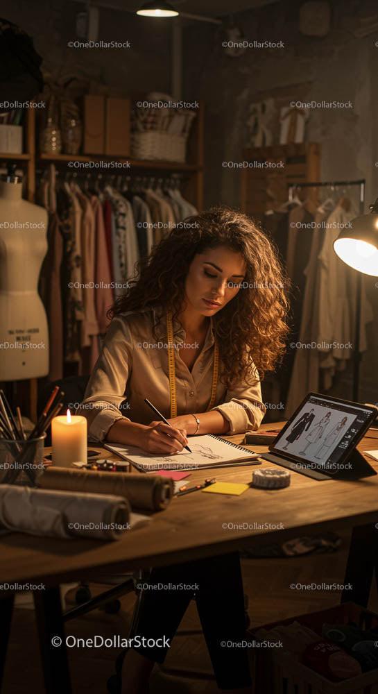 Projektantka mody szkicująca w swoim przytulnym studio przy świetle świec