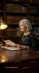 Mature Woman Reviewing Documents in a Classic Library