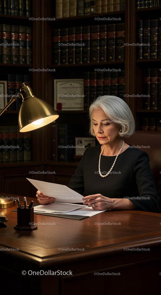 Mature Woman Reading Legal Documents in Dimly Lit Office