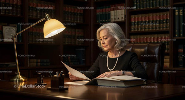 Senior Female Lawyer Reviewing Case Documents in Office