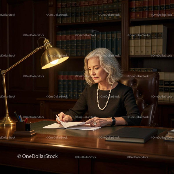 Mature Lawyer Reading Documents at Her Office Desk