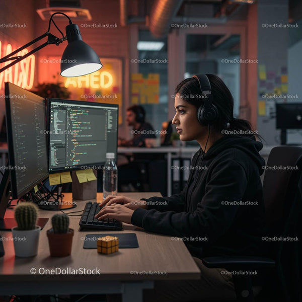 Focused Software Developer at Night in Modern Office