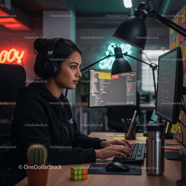 Focused Female Developer Programming in Modern Office
