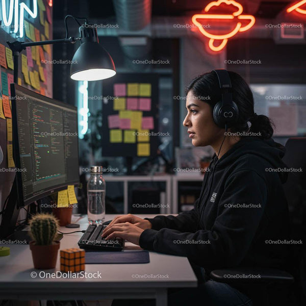 Young Female Developer Coding in Modern Office Environment