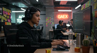 Focused Female Developer Coding in a Modern Office Environment
