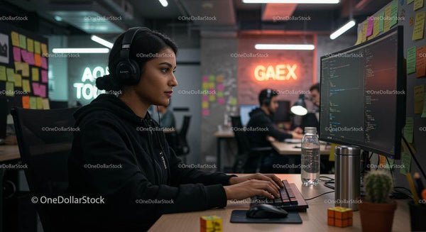Focused Female Developer Coding in a Modern Office Environment