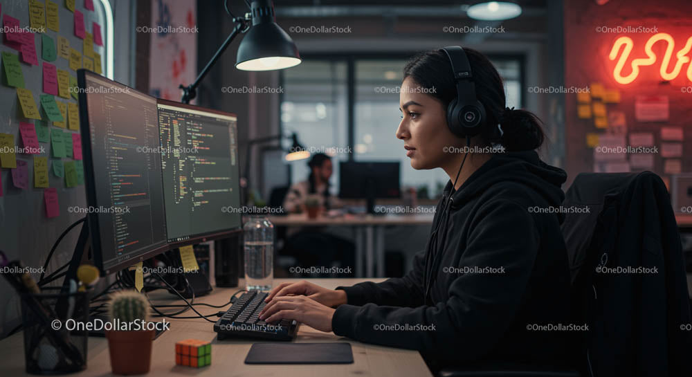 Skupiona programistka pracująca do późna w nowoczesnym biurze