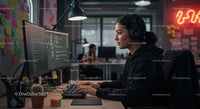 Skupiona programistka pracująca do późna w nowoczesnym biurze