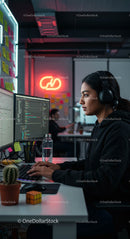 Focused Software Developer Coding in Modern Office