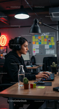 Focused Woman Working at Computer in Modern Office at Night