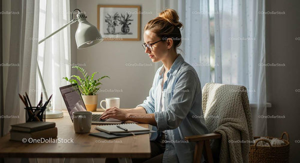 Skoncentrowana kobieta pracująca na laptopie w przytulnym domowym biurze