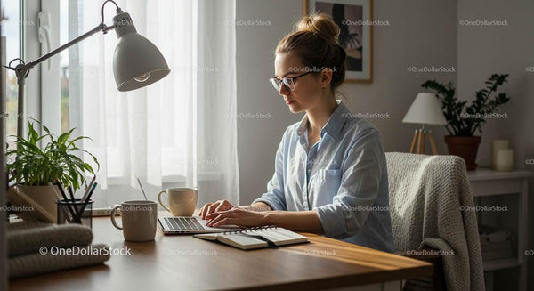 Kobieta Pracująca na Laptopie w Przytulnym Domowym Biurze