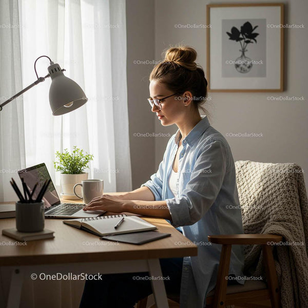 Woman Working on Laptop in a Sunlit Home Office