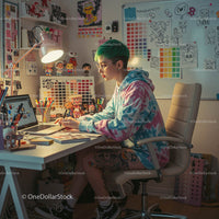 Young Digital Artist Working in Cozy Creative Workspace